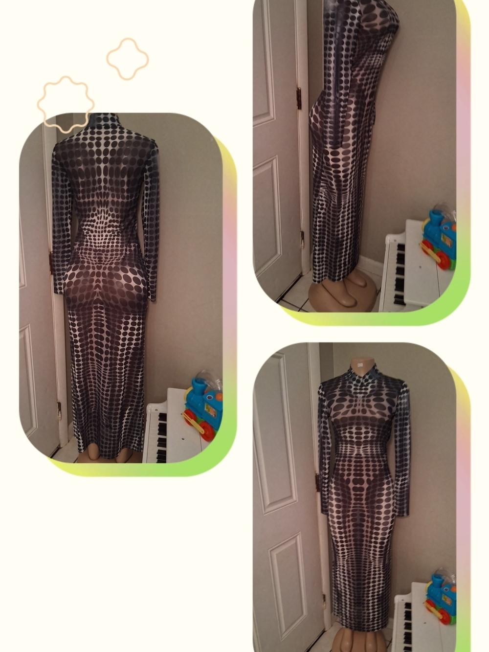 Long Sleeve Geometric Print Maxi Dress - Black